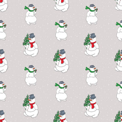 Seamless background with cartoon cheerful christmas snowmen