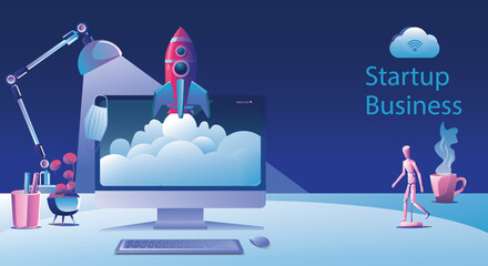 Business Startup launching product with rocket concept. Template and Backgrounds Vector illustration, business project startup process idea through planning and strategy, time management, realization
