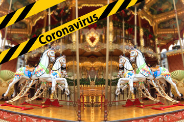 festive merry-go-round carousel with horses and lights in Frankfurt during the Christmas market,...