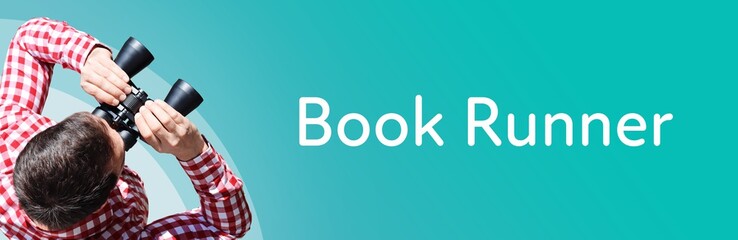 Naklejka premium Book Runner. Man observing with binoculars. Focus on text/word. Panorama format. Blue/turquoise background.
