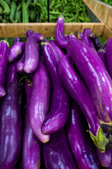 A crate of eggplants in the grocery store's vegetable section