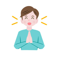 手を合わせて喜ぶ男性