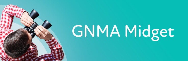 Fototapeta premium GNMA Midget. Man observing with binoculars. Focus on text/word. Panorama format. Blue/turquoise background.