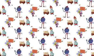 Fototapeta na wymiar Venus flytrap pattern. monsters with plants on their heads in blue, pink and blue colors. The monster rolls a cart with flowers. Patterns