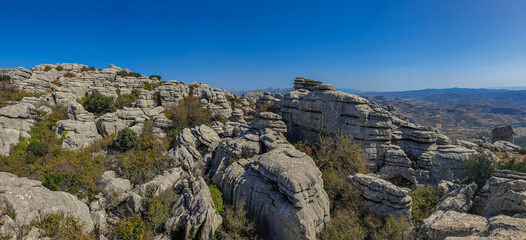 Panorama of El Torcal de Antequera, a nature reserve in the Sierra del Torcal mountain range. It is one of the most impressive karst landscapes in Andalusia, Spain, Europe.