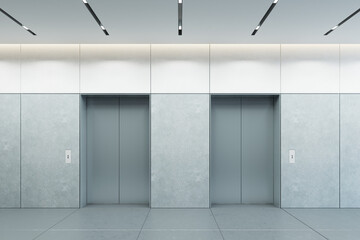 modern elevator with closed doors in office lobby, 3d rendering - 390725026