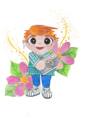 Watercolor painting of logo for photographer on flowers background isolated