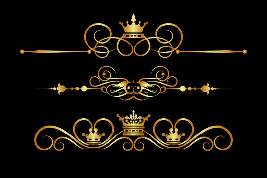 Gold design elements isolated on black background, royal style, vintage, vector graphic