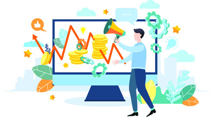 A person works with a schedule. A man with a megaphone explains the schedule. Achieving goal. Modern flat colorful vector illustration.