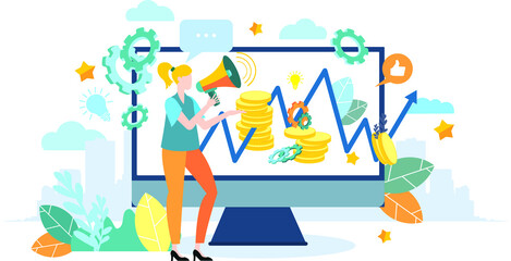 A person works with a schedule. A man with a megaphone explains the schedule. Achieving goal. Modern flat colorful vector illustration.