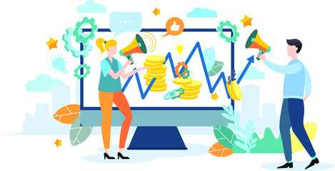 A person works with a schedule. A man with a megaphone explains the schedule. Achieving goal. Modern flat colorful vector illustration.