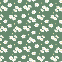 Green vector seamless pattern with tender chamomile