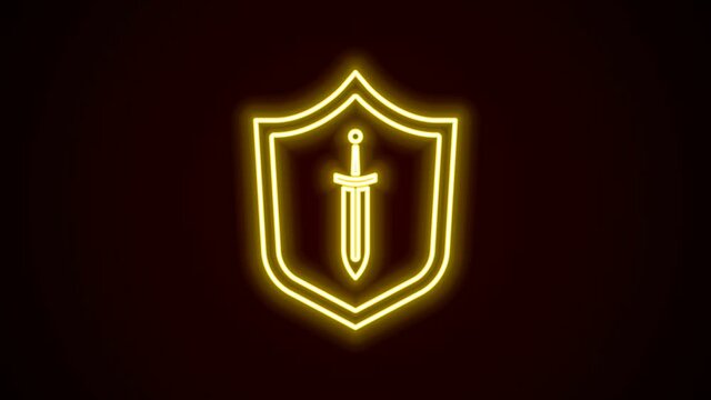Glowing neon line Medieval shield with sword icon isolated on black background. 4K Video motion graphic animation