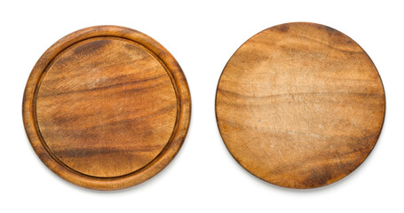Two sides of used round wooden cutting board for pizza isolated on white background. Mockup for...