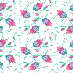 floral seamless pattern with fantasy watercolor flowers and ornate twigs on a white background