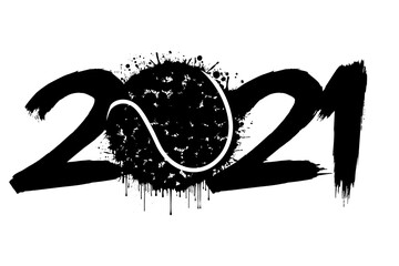 Abstract numbers 2021 and a tennis ball from blots. 2021 New Year on an isolated background. Design pattern for greeting card. Grunge style. Vector illustration