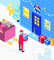 Contactless safe delivery for Christmas, Santa delivering a gift to a customer following safety precautions: he is wearing a face mask, gloves and keeping safety distance. Isometric 3d illustration
