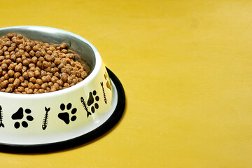Bowl of dry kibble dog food on yellow background with copy space