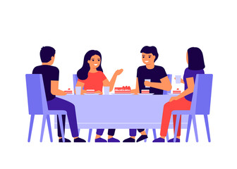 Group of young people are sitting together at table, talking and eating. Happy friends celebrate holiday and eat cake. Men and women taste food at home, in restaurant or cafe. Vector illustration