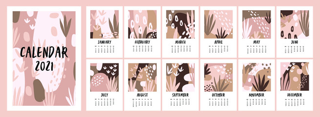 Calendar for 2021. Cute hygge calendar for 2021. Fashion calendar in Scandinavian style in beige tones. Vector template.
