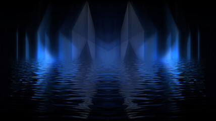 Fototapeta premium Empty futuristic dramatic scene. Abstract dark landscape, street. Neon light fluid element. Night view, neon blue light. Fantasy background. 3D illustration
