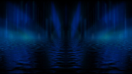 Obraz premium Empty futuristic dramatic scene. Abstract dark landscape, street. Neon light fluid element. Night view, neon blue light. Fantasy background. 3D illustration