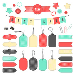 Vector stickers, price tag, banner, label. Coupon sale, offers and promotions vector template. Set for scrap-booking.