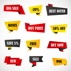 Vector stickers, price tag, banner, label. Coupon sale, offers and promotions vector template.