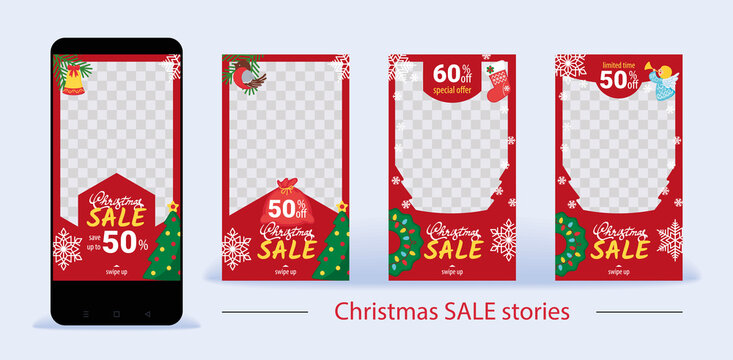 A set of templates for stories Christmas sale with a frame to insert a photo and elements for animation