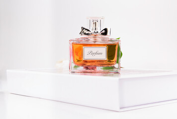  Perfume bottle on the white box  
