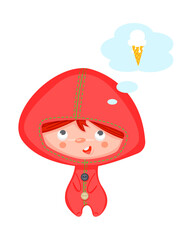 Cartoon vector color character. Little boy in pajamas dreaming of an ice cream cone.