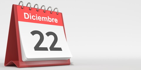 December 22 date written in Spanish on the flip calendar, 3d rendering