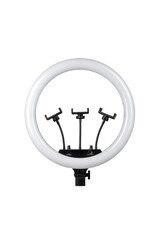 Closeup of circular neon LED lamp isolated white background. Popular modern light for make-up and beauty portraits.