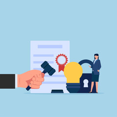 Woman stand in front of bulb, certificate and gavel metaphor of patent law.