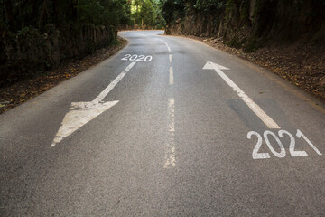 Road with the inscription 2020 2021. Concept of old year departure and new year arrival with new goals