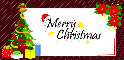 
Tarjeta de felicitación navideña, fondo de color vino con rayas blancas, cuadro blanco delante con la frase Feliz Navidad, decorado con un árbol de Navidad y flores.