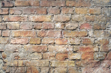 Antique wall texture with exposed old bricks battered by time in grunge and vintage style