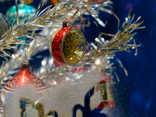 Christmas decorations with festive lights on the Christmas tree