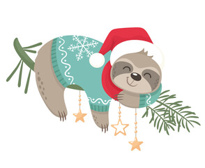 Happy and cute sloth vector graphic design for Christmas holiday. Merry Christmas stamp. Adorable sloth character in Santa hat, scarf and cozy sweater, Christmas tree decorations and decorations. © EkaterinaGr