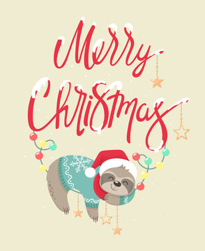 Happy and cute sloth sleeping on gifts in a scarf and Santa hat. Charming vector character. Cards and invitations Merry Christmas lettering.