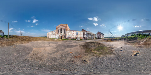 full seamless spherical hdri panorama 360 degrees angle view near abandoned ruined factory hangar without roof in equirectangular projection, VR AR virtual reality content.