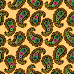 Paisley seamless pattern. Colored ornament on a yellow background in vector, fabric, Indian Turkish motifs, Wallpaper, lace, embroidery