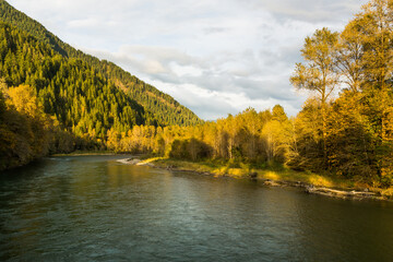 Skagit river, Washington, in autumn sunset. Golden colors foliage on both sides of riverbanks