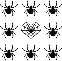 Black spiders pattern with a web heart-shaped. Isolated vector illustration. Use for printing, posters, T-shirts, textile drawing, print pattern. Other spiders patterns in my collections.
