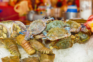 assorted fresh seafood crab and shrimp fresh catch lies on ice