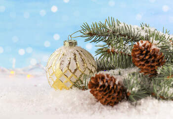 Flatley Christmas. Festive Christmas background. Christmas card background. Christmas golden balls on the snow.  Copyspace