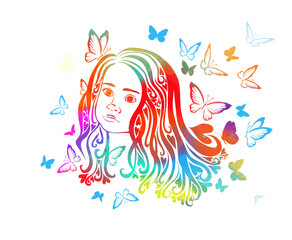 The face of a beautiful little girl with butterflies. Vector illustration