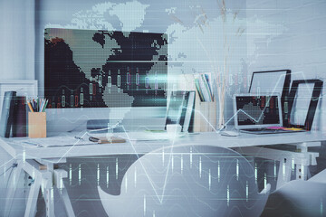 Double exposure of stock market graph drawing and office interior background. Concept of financial analysis.