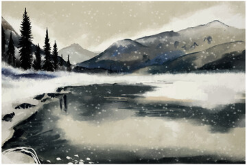 watercolor winter landscape vector design illustration