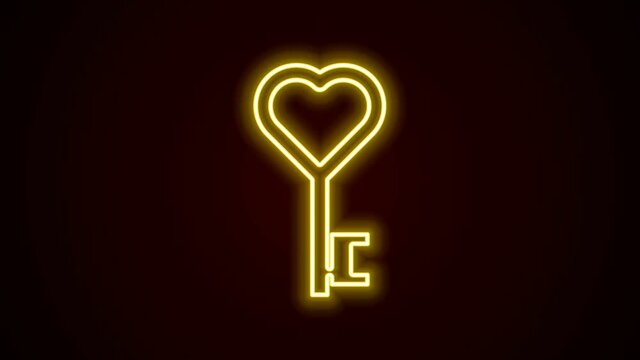 Glowing neon line Key in heart shape icon isolated on black background. Valentines day symbol. 4K Video motion graphic animation